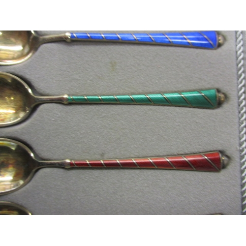 148 - A set of 6 vintage Denmark silver and enamel tea spoons, in original box, all in good pre-owned cond... 