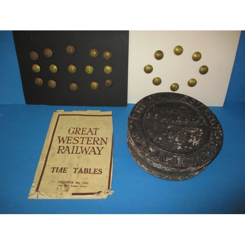 325 - A quantity of GWR items, to include tunic buttons, and a cast iron boundary marker dated 1899, all i... 