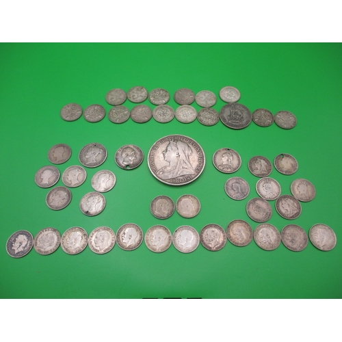 169 - A parcel of silver and part silver coins, to include an 1893 crown and a William IIII six pence, all... 