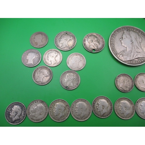 169 - A parcel of silver and part silver coins, to include an 1893 crown and a William IIII six pence, all... 