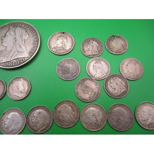 169 - A parcel of silver and part silver coins, to include an 1893 crown and a William IIII six pence, all... 