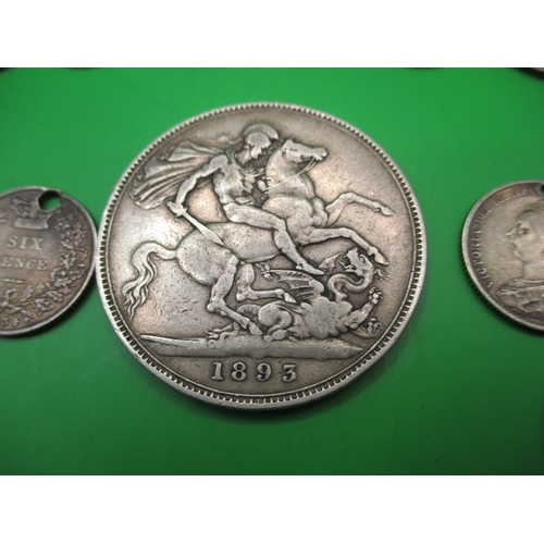 169 - A parcel of silver and part silver coins, to include an 1893 crown and a William IIII six pence, all... 