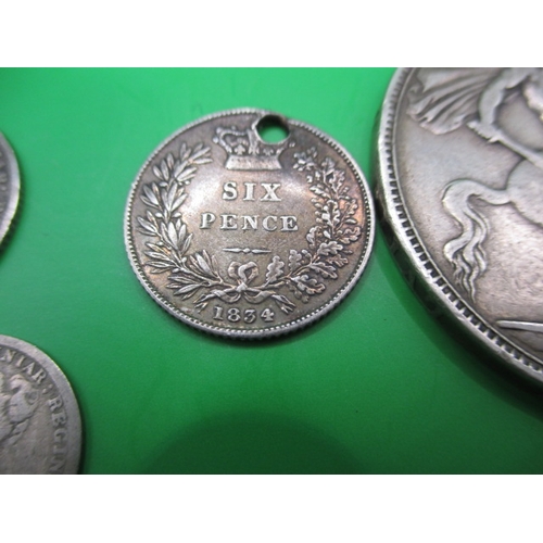 169 - A parcel of silver and part silver coins, to include an 1893 crown and a William IIII six pence, all... 