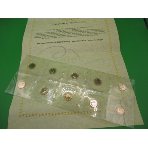 194 - Ten Queen Elizabeth II Brilliantly Uncirculated 22ct gold quarter sovereigns, in sealed plastic with... 