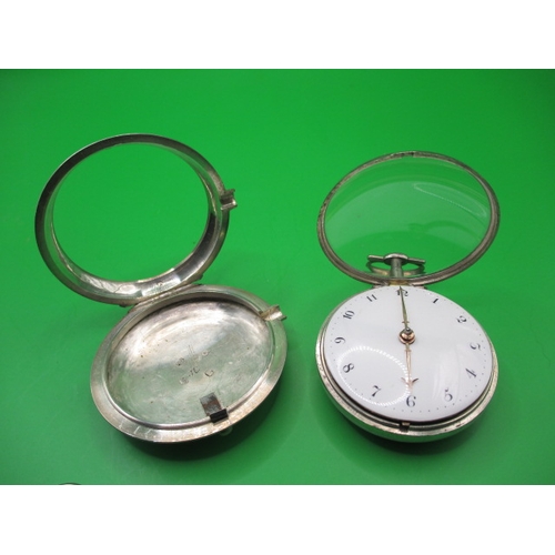 98 - An 18th century silver pair cased pocket watch, makers mark for Isaac Rogers, London, both  cases ha... 