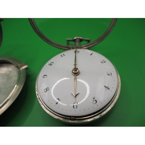 98 - An 18th century silver pair cased pocket watch, makers mark for Isaac Rogers, London, both  cases ha... 