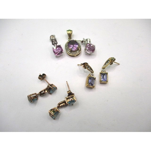 63 - 3 pairs of 9ct gold earrings, one pair with a matching pendant, all in used condition, approx. parce... 