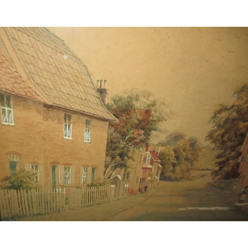 358 - An early 20th century street scene watercolour painting, marked to mount Sproughton village, Suffolk... 