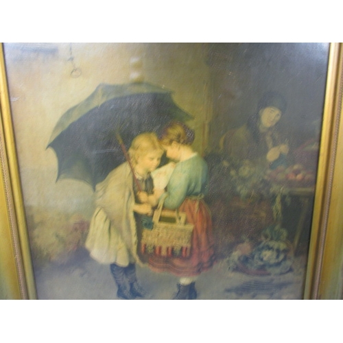 355 - A large framed picture of children under an umbrella, signed and dated lower left, approx. image siz... 