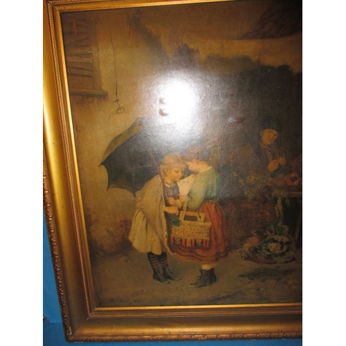 355 - A large framed picture of children under an umbrella, signed and dated lower left, approx. image siz... 