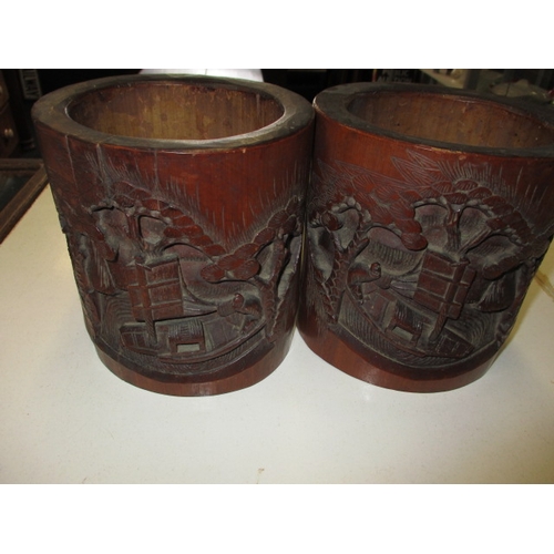 330 - Two antique Chinese carved bamboo brush pots, each having a boat as decoration, approx. height 14cm,... 