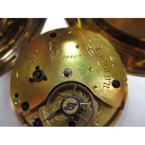 95 - An 18ct gold cased hunter pocket watch, the white enamel dial marked Thompson & Vine, London, in cur... 