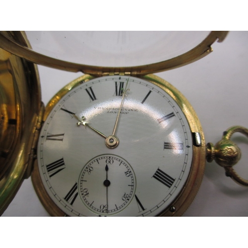 95 - An 18ct gold cased hunter pocket watch, the white enamel dial marked Thompson & Vine, London, in cur... 