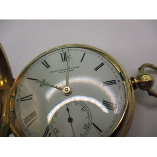 95 - An 18ct gold cased hunter pocket watch, the white enamel dial marked Thompson & Vine, London, in cur... 