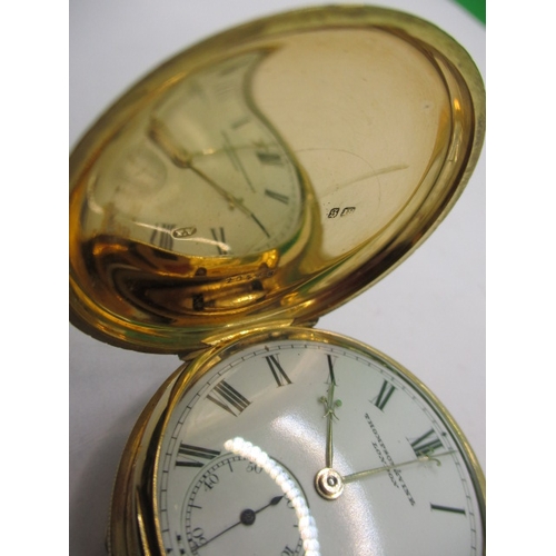 95 - An 18ct gold cased hunter pocket watch, the white enamel dial marked Thompson & Vine, London, in cur... 