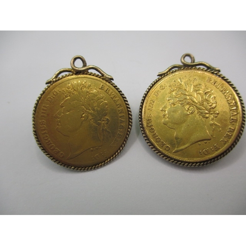 228 - A George IIII 1823 gold double sovereign and two half sovereigns dated 1825, having mounts soldered ... 