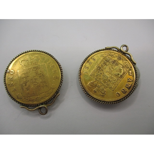 228 - A George IIII 1823 gold double sovereign and two half sovereigns dated 1825, having mounts soldered ... 