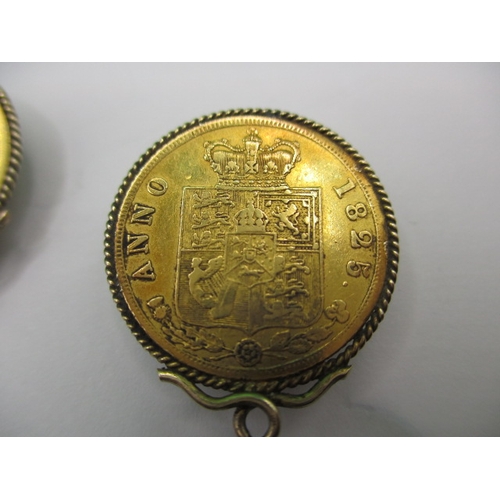 228 - A George IIII 1823 gold double sovereign and two half sovereigns dated 1825, having mounts soldered ... 