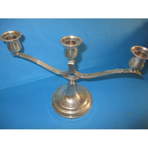 158 - A stylized 3 candle candlestick, marked for sterling silver with dedication dated 1970, having gener... 