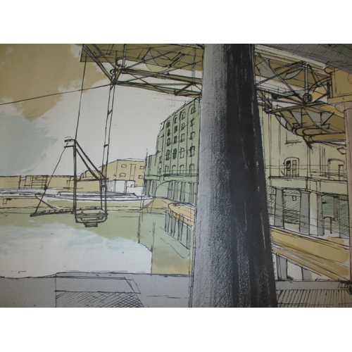 362 - Richard Bawden industrial dock scene lithograph, un-framed, approx. sheet size 68x55.5cm, in good pr... 