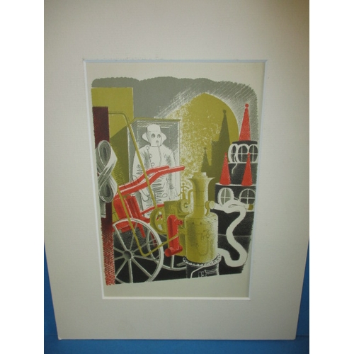 364 - Book plate from The High Street 1938 showing Eric Ravilious fire engine, in mount, approx.  image si... 