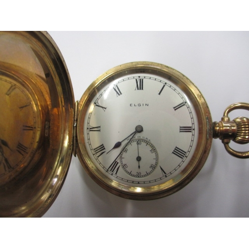 96 - A vintage ELGIN 9ct gold full hunter pocket watch, in current working order, vacant case and  no den... 