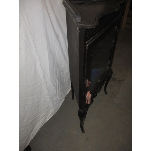 345 - A vintage ebonised floor standing glazed door corner cabinet, in good used condition, approx. height... 