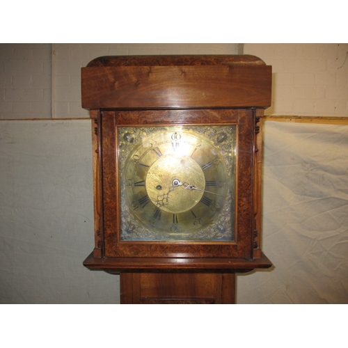 338 - An antique burr walnut longcase clock, with brass dial and striking on a bell, approx. height 194cm ... 