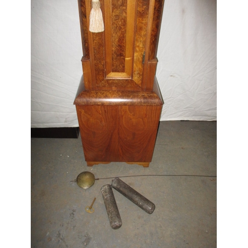 338 - An antique burr walnut longcase clock, with brass dial and striking on a bell, approx. height 194cm ... 