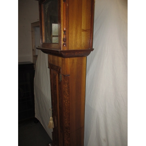 338 - An antique burr walnut longcase clock, with brass dial and striking on a bell, approx. height 194cm ... 