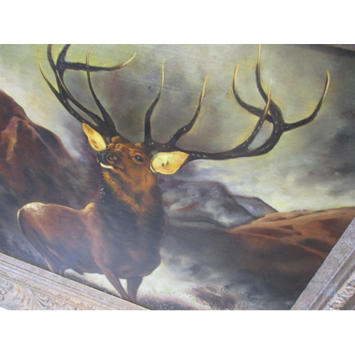 357 - A gilt framed oil on board painting of a stag, approx. frame size 85x75cm, signed lower right, in go... 