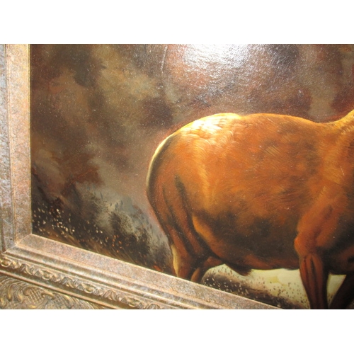 357 - A gilt framed oil on board painting of a stag, approx. frame size 85x75cm, signed lower right, in go... 