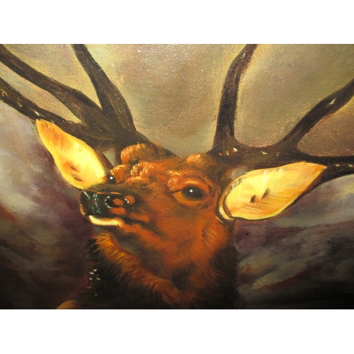 357 - A gilt framed oil on board painting of a stag, approx. frame size 85x75cm, signed lower right, in go... 