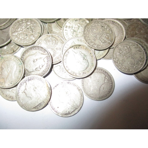 177 - A parcel of pre-decimal silver and part-silver 3d coins, all in circulated condition, approx. gross ... 