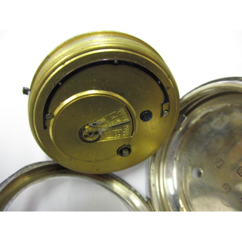 97 - A silver cased pocket watch, with silver Albert chain and vesta case, watch runs when wound, cracked... 