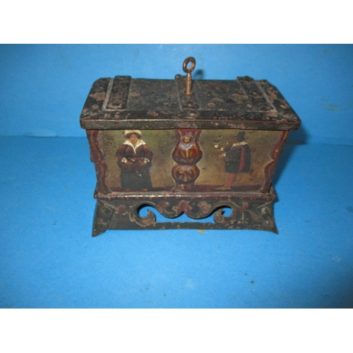 267 - A small armada style money box, with working lock, approx. size W, 17cm H, 12cm D, 10cm, having gene... 