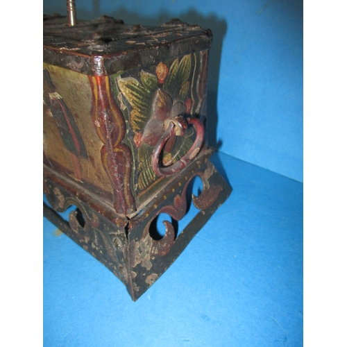 267 - A small armada style money box, with working lock, approx. size W, 17cm H, 12cm D, 10cm, having gene... 