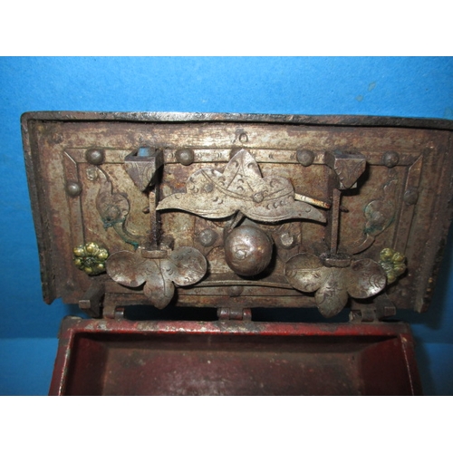 267 - A small armada style money box, with working lock, approx. size W, 17cm H, 12cm D, 10cm, having gene... 