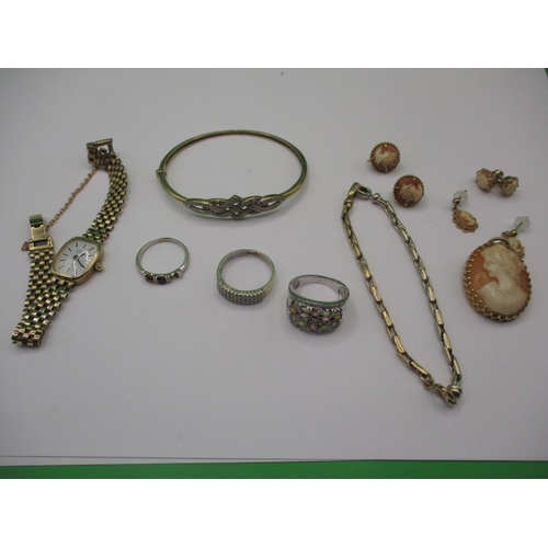 A parcel of jewellery items, most 9ct gold, to include cameo brooch and earrings, a watch and bracelets, approx. gross parcel weight 57g inc watch
