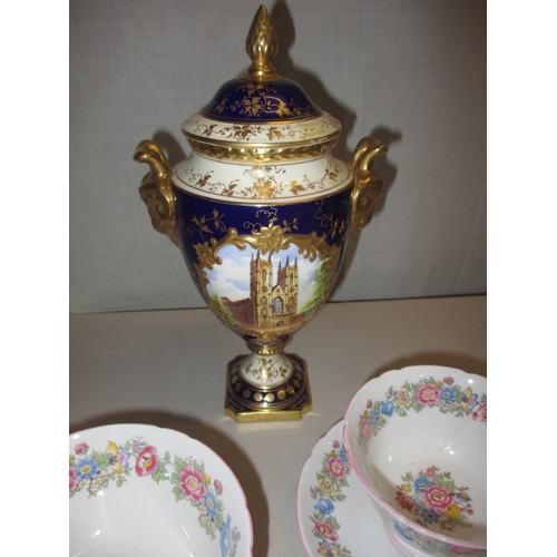 3 - A parcel of Shelley teawares to include cups and saucers and a pair of Coalport urns depicting Londo... 