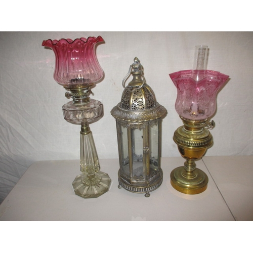 5 - Two vintage oil lamps with shades and a hall lantern, all in used condition