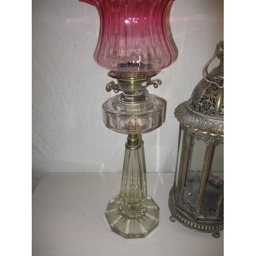 5 - Two vintage oil lamps with shades and a hall lantern, all in used condition