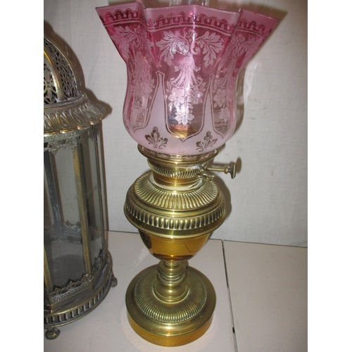 5 - Two vintage oil lamps with shades and a hall lantern, all in used condition