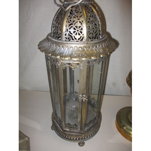 5 - Two vintage oil lamps with shades and a hall lantern, all in used condition