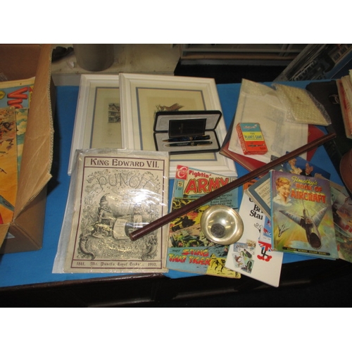 43 - A parcel of miscellanea, to include comics, pens and ephemera, all in used condition