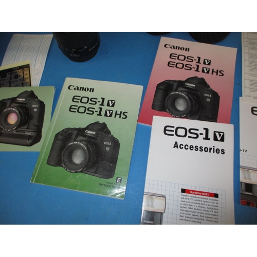 75 - A Canon EOS1 camera, with kit bag, paperwork and a lens, in used condition and not tested as to func... 