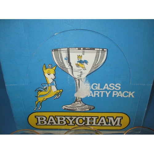 87 - A boxed set of 6 Babycham glasses, the glasses are unused, the box has minor age-related marks