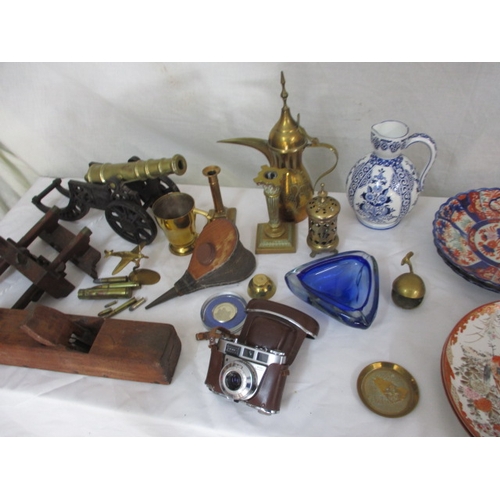 108 - A quantity of miscellanea to include a vintage table canon, brass spitfire on stand and ceramics. In... 