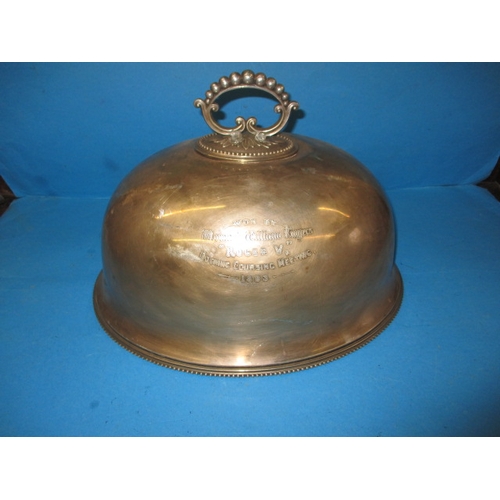 A Victorian plated food dome cover, with inscription for Docking coursing meeting dated 1893, in good pre-owned condition, approx. length 41cm
