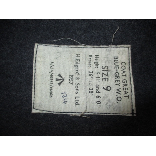 220 - A vintage British military Grey Coat, size 9 dated 1957, in good useable pre-owned condition